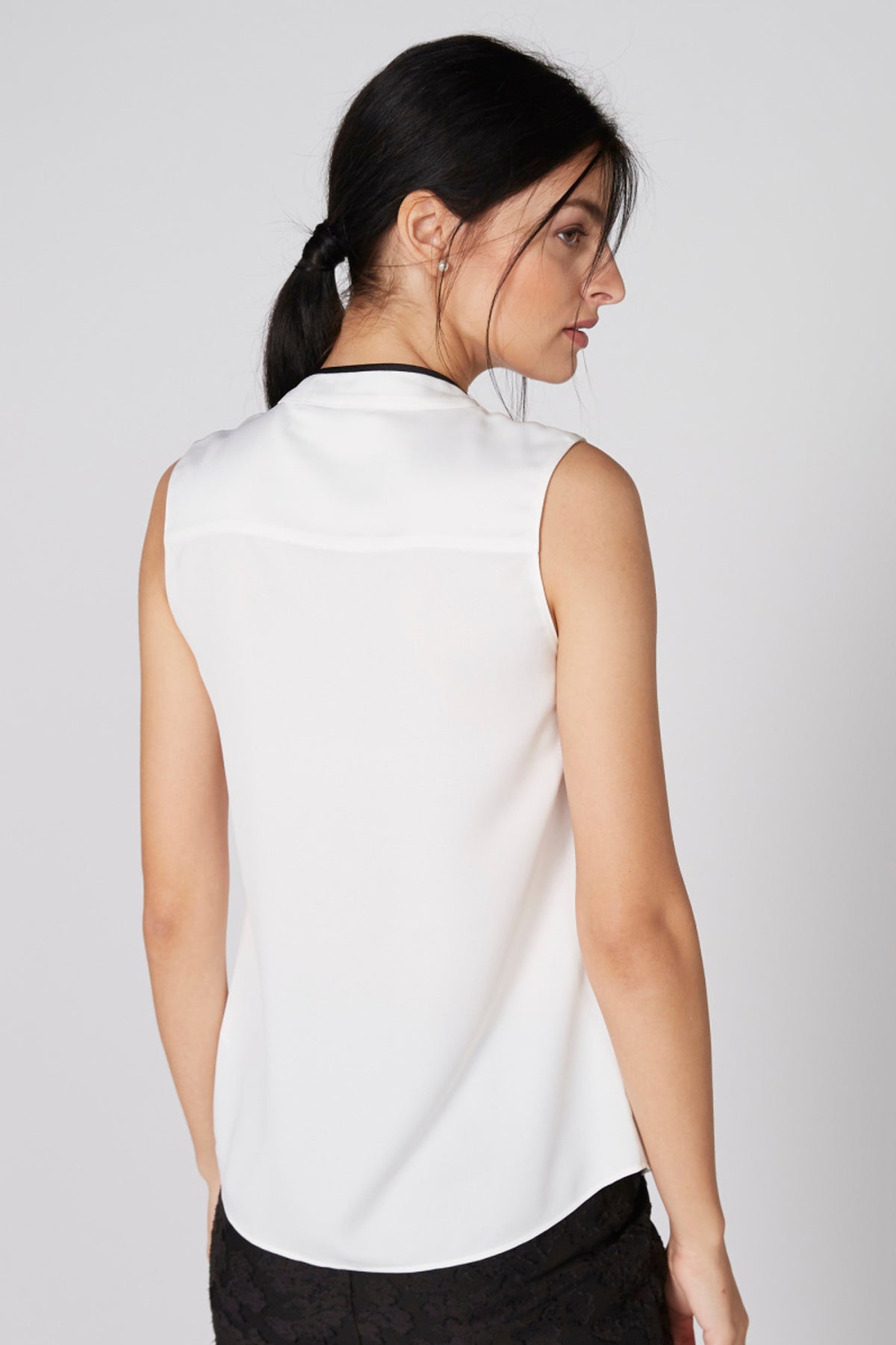 Mandarin Collar Sleeveless Top with Ruffle Detail