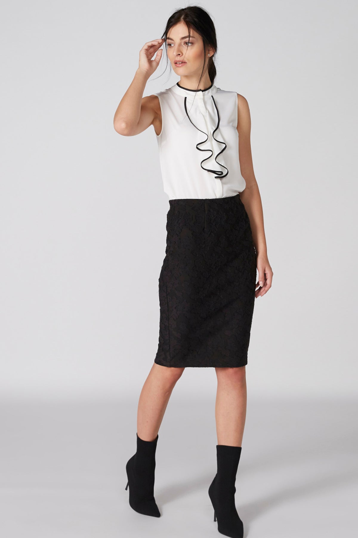 Mandarin Collar Sleeveless Top with Ruffle Detail
