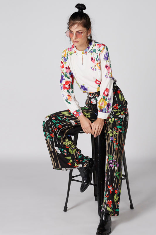 Floral Printed Top with Mandarin Collar and Long Sleeves