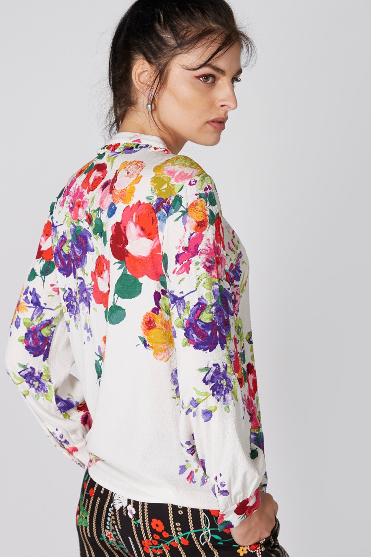 Floral Printed Top with Mandarin Collar and Long Sleeves