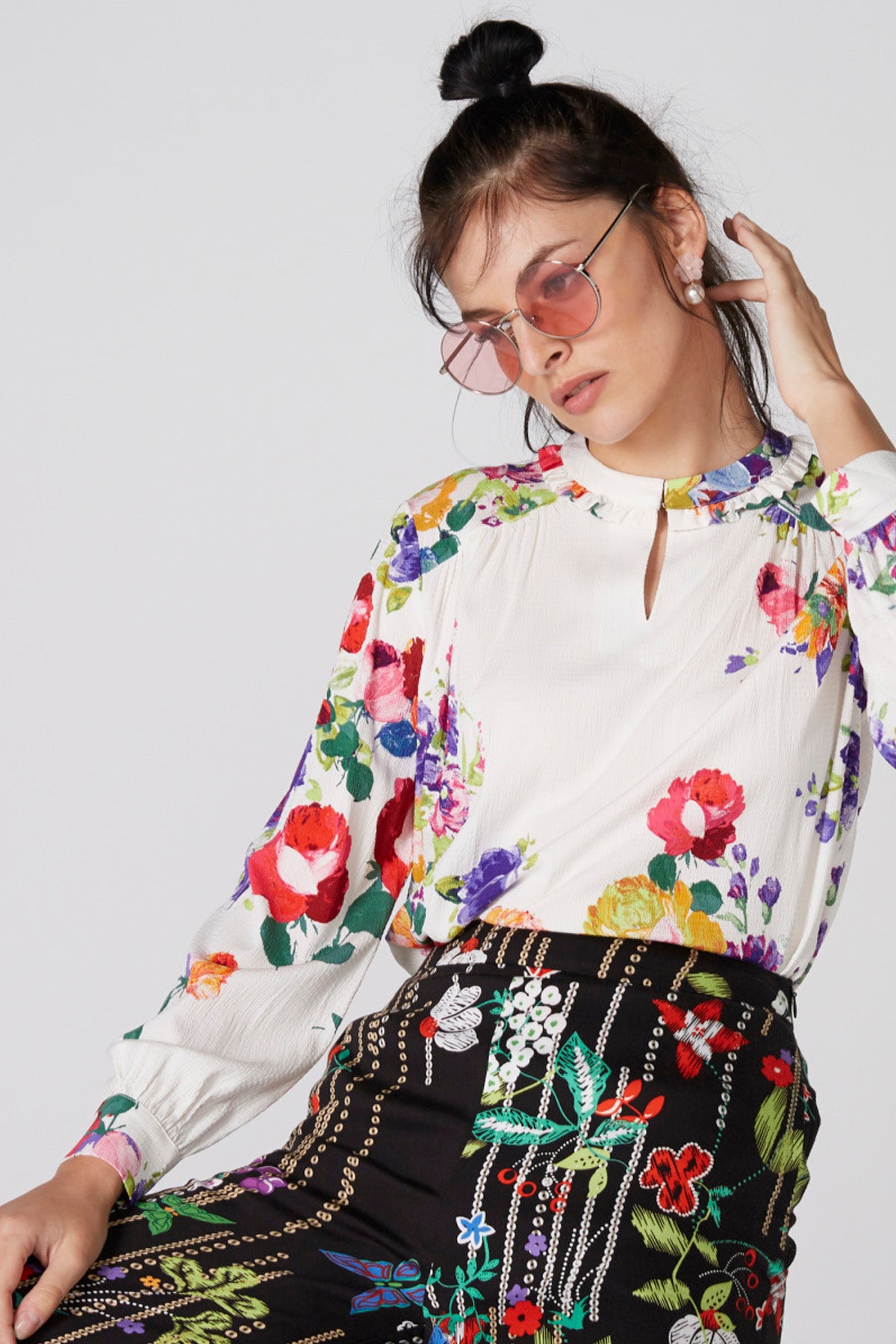 Floral Printed Top with Mandarin Collar and Long Sleeves