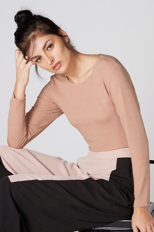 Textured Round Neck Top with Long Sleeves