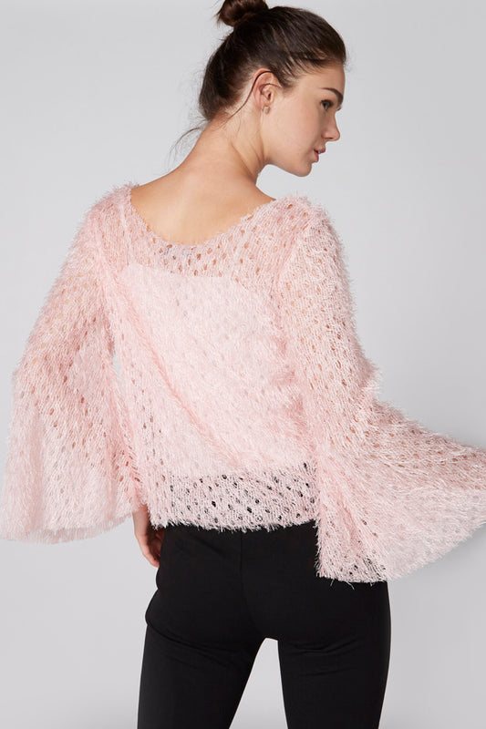 Textured Sweater with Round Neck and Long Flared Sleeves