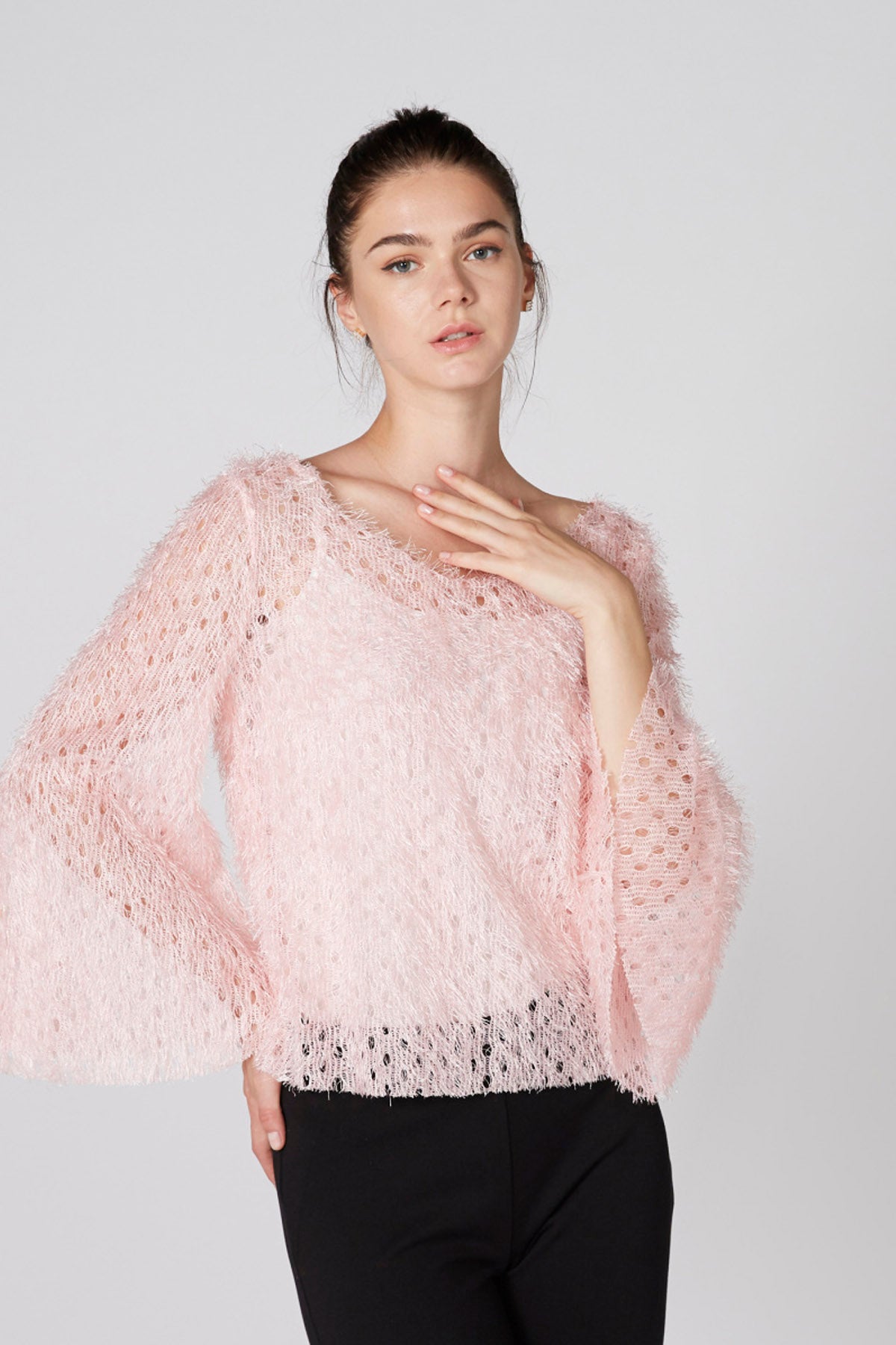 Textured Sweater with Round Neck and Long Flared Sleeves