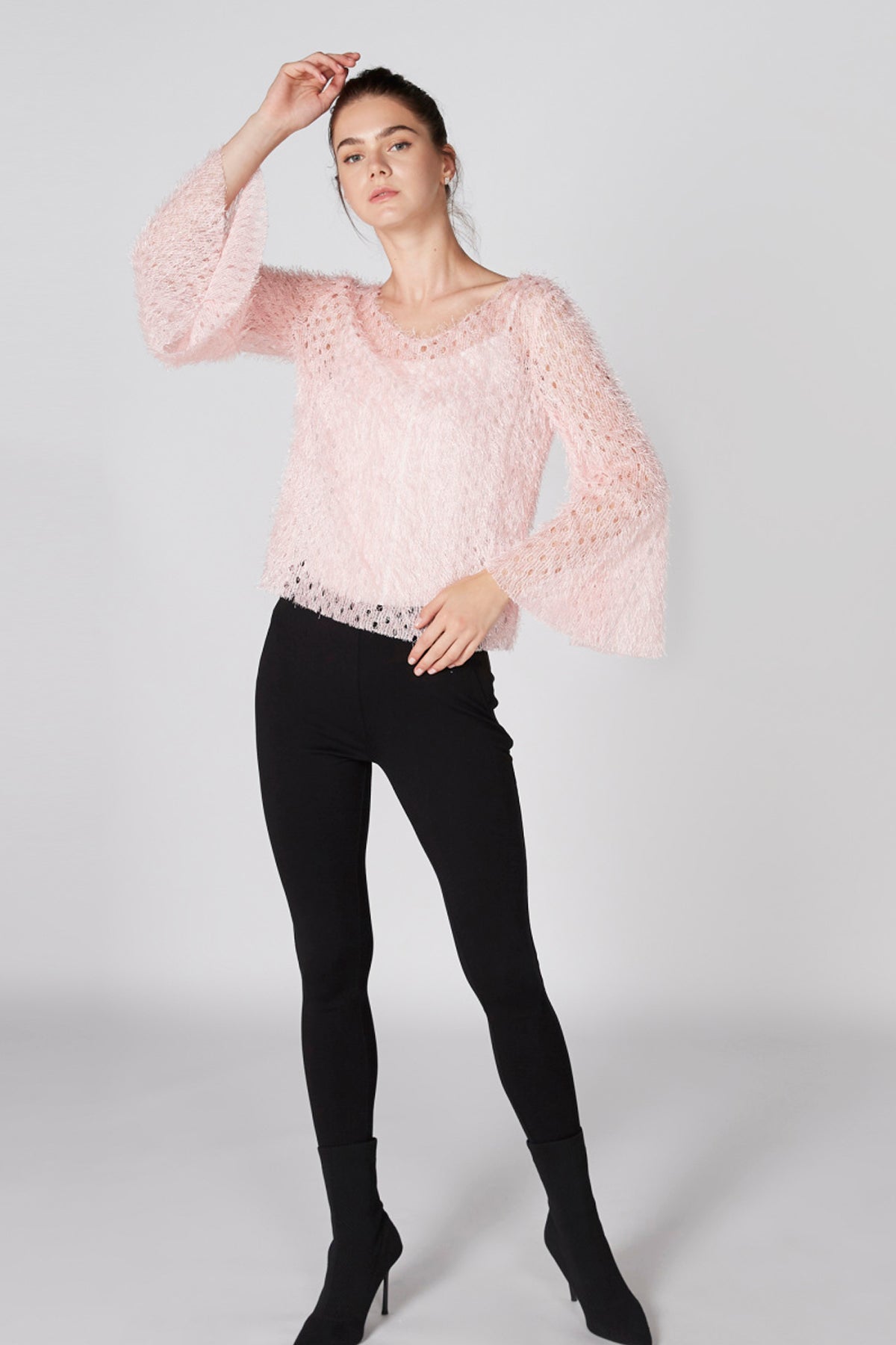 Textured Sweater with Round Neck and Long Flared Sleeves