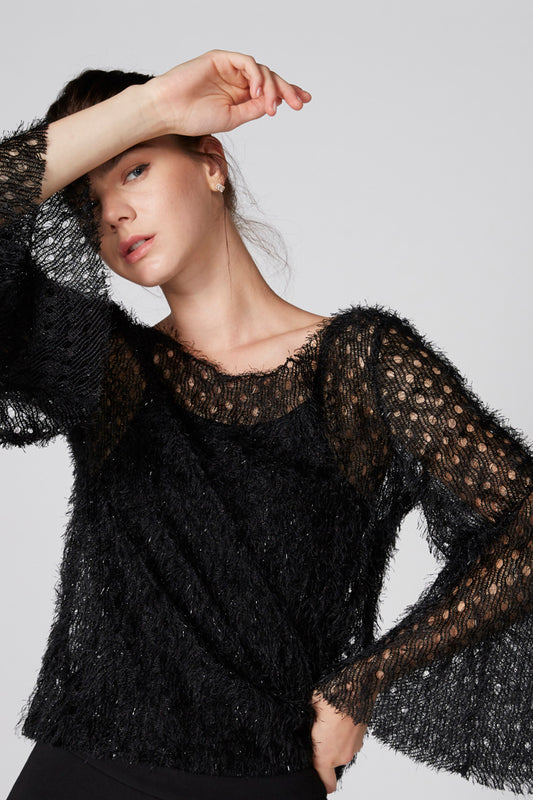 Textured Sweater with Round Neck and Long Flared Sleeves