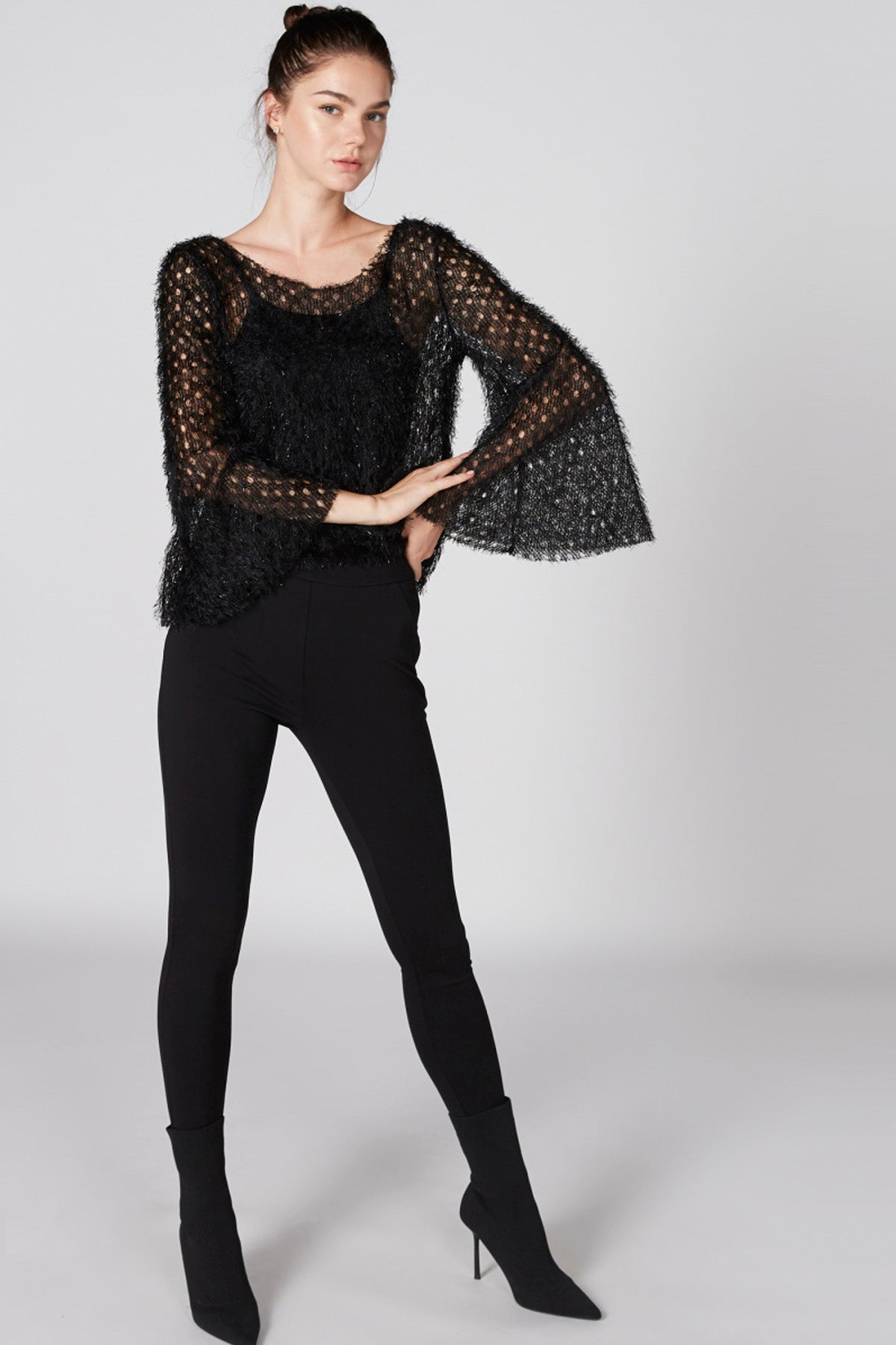 Textured Sweater with Round Neck and Long Flared Sleeves
