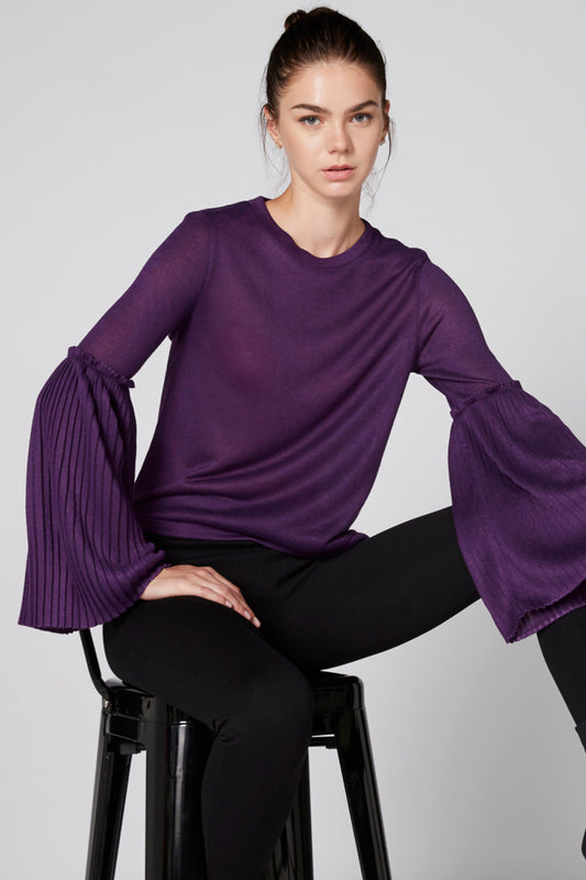 Textured Top with Round Neck and Long Flared Sleeves