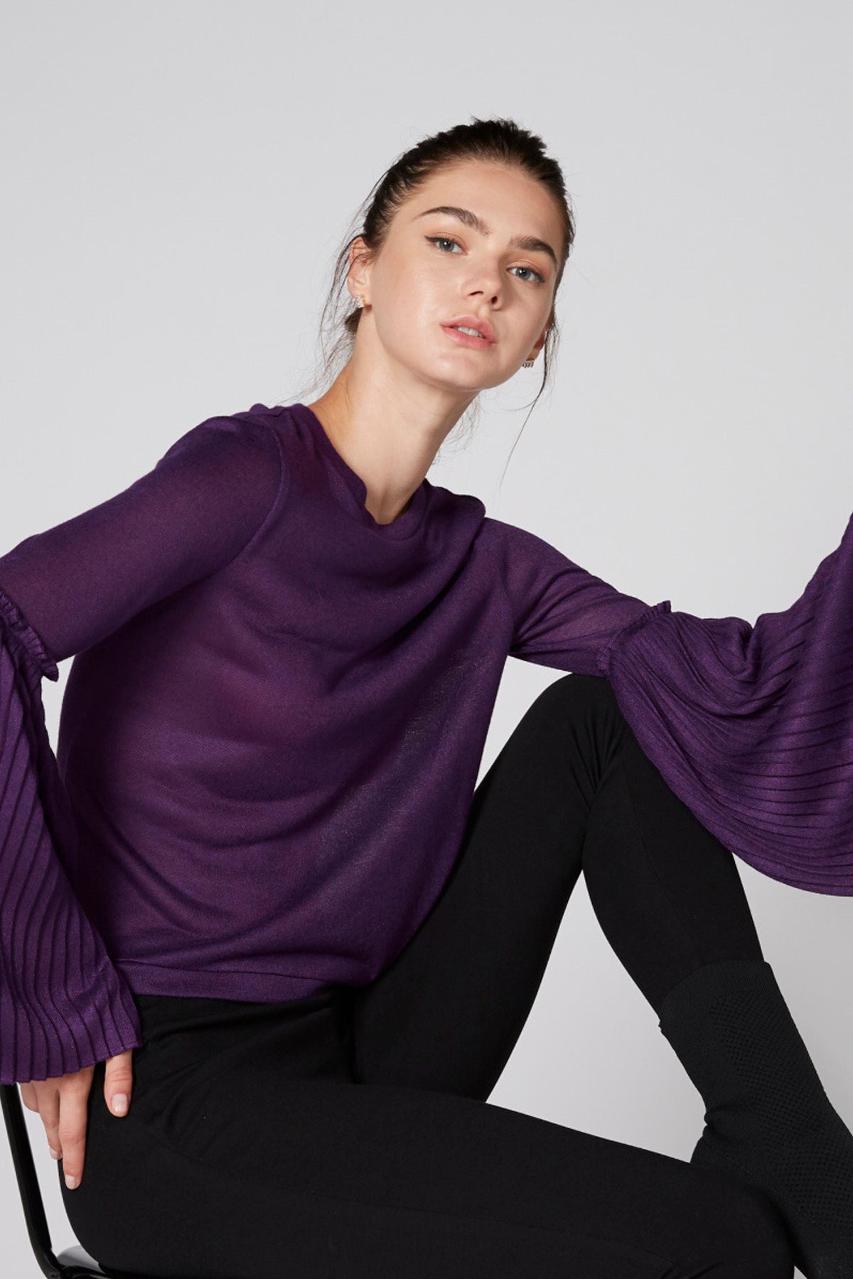 Textured Top with Round Neck and Long Flared Sleeves