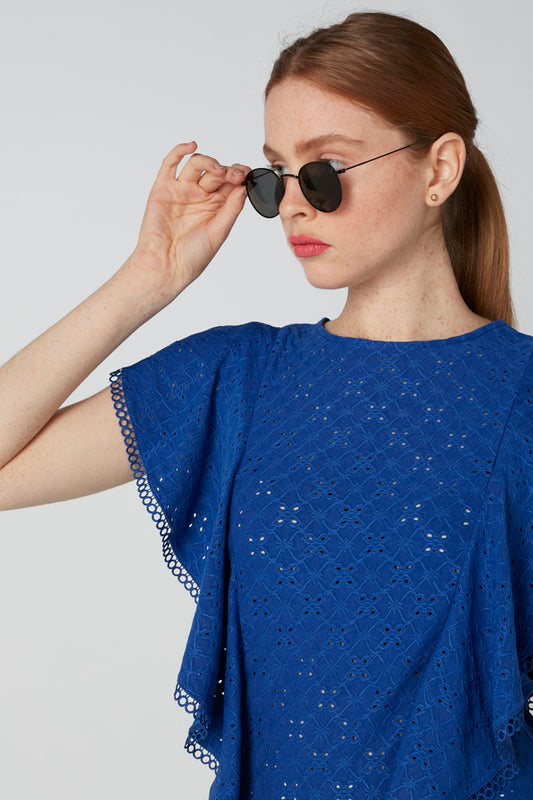 Sustainable Embroidered Top with Round Neck and Ruffle Detail