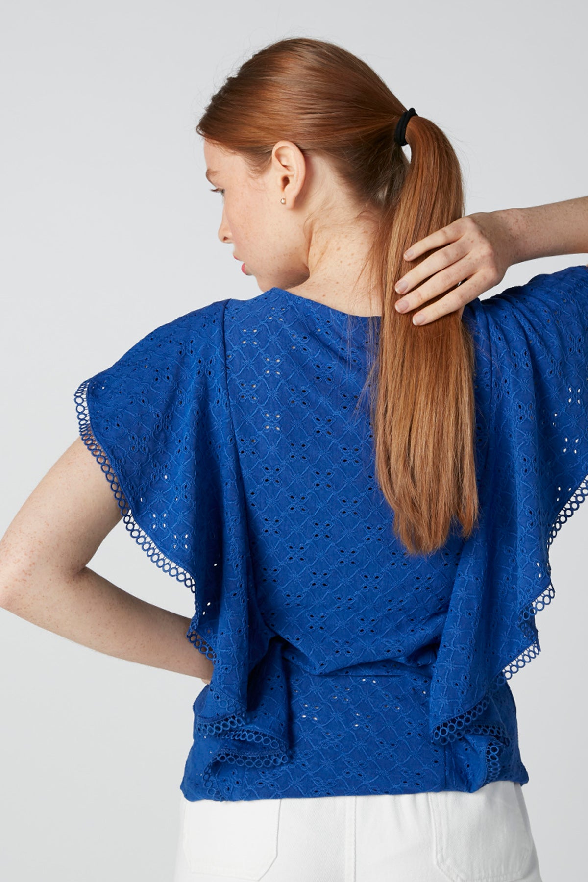 Sustainable Embroidered Top with Round Neck and Ruffle Detail
