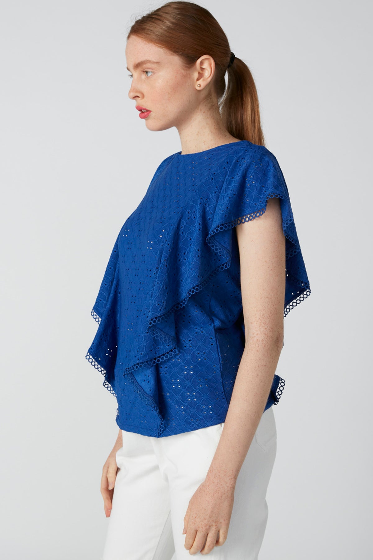 Sustainable Embroidered Top with Round Neck and Ruffle Detail