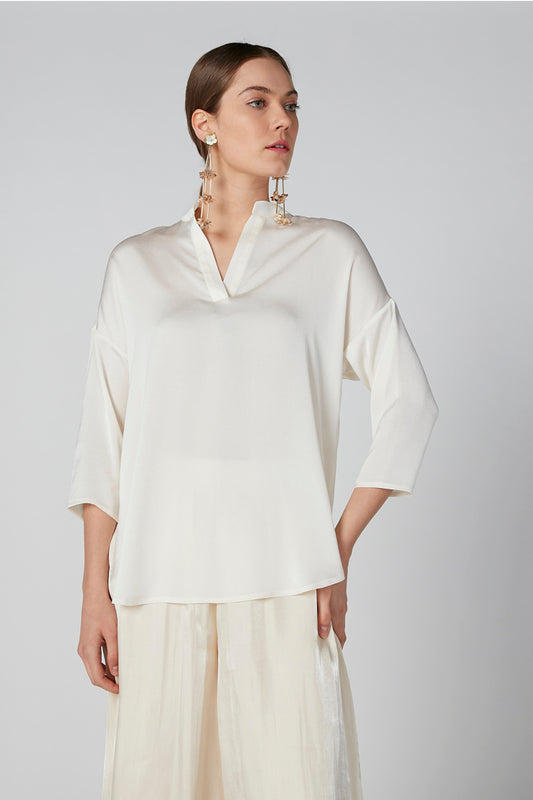 Solid V-neck Top with 3/4 Sleeves and High Low Hem