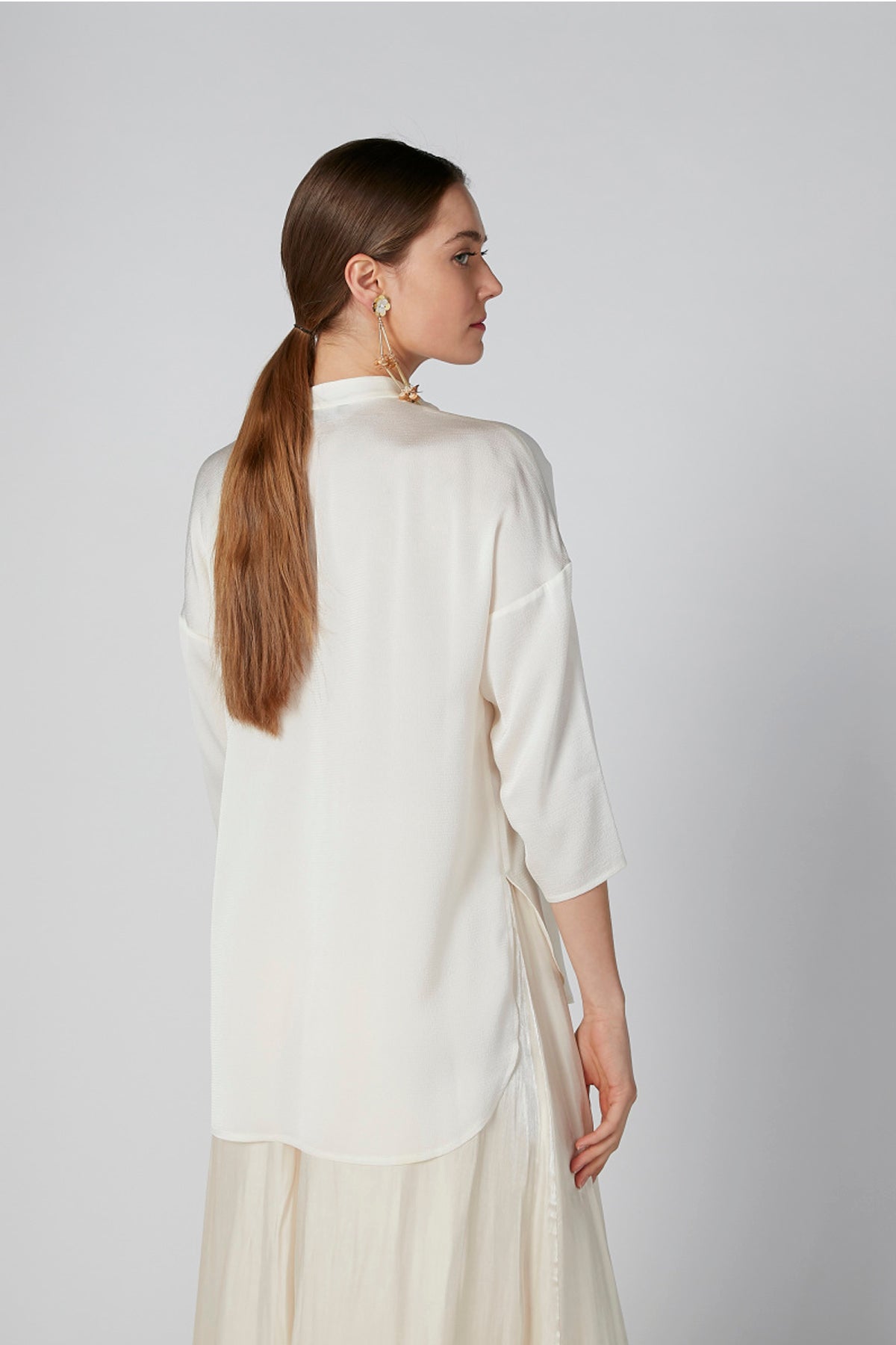 Solid V-neck Top with 3/4 Sleeves and High Low Hem