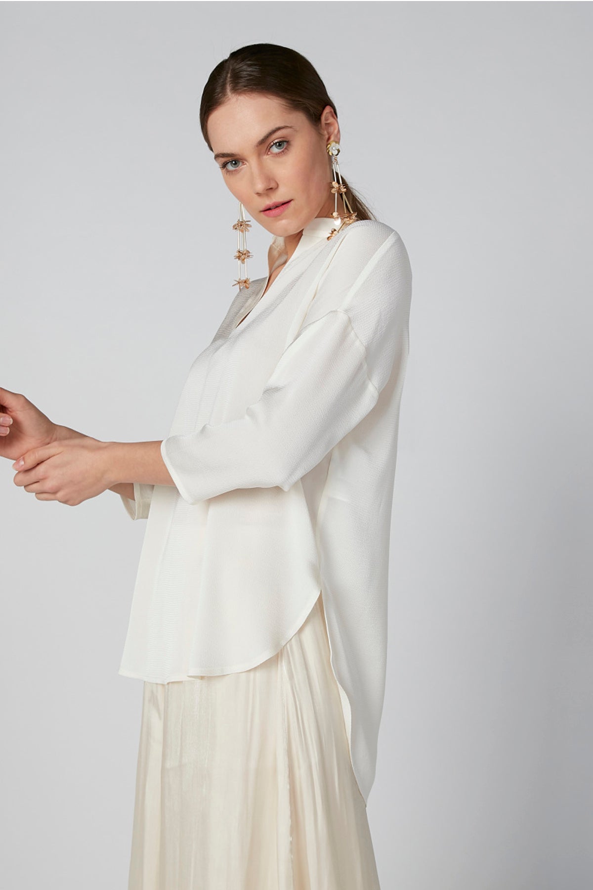 Solid V-neck Top with 3/4 Sleeves and High Low Hem