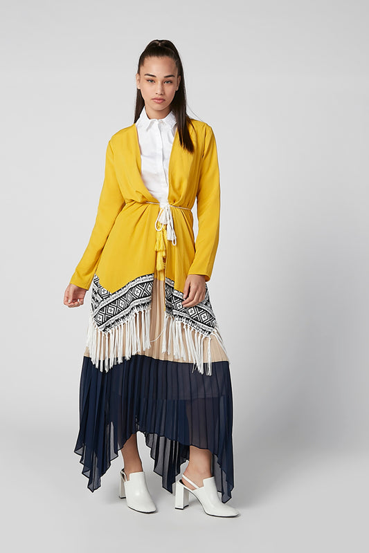 Textured Longline Cardigan with Tie Ups and Tassels
