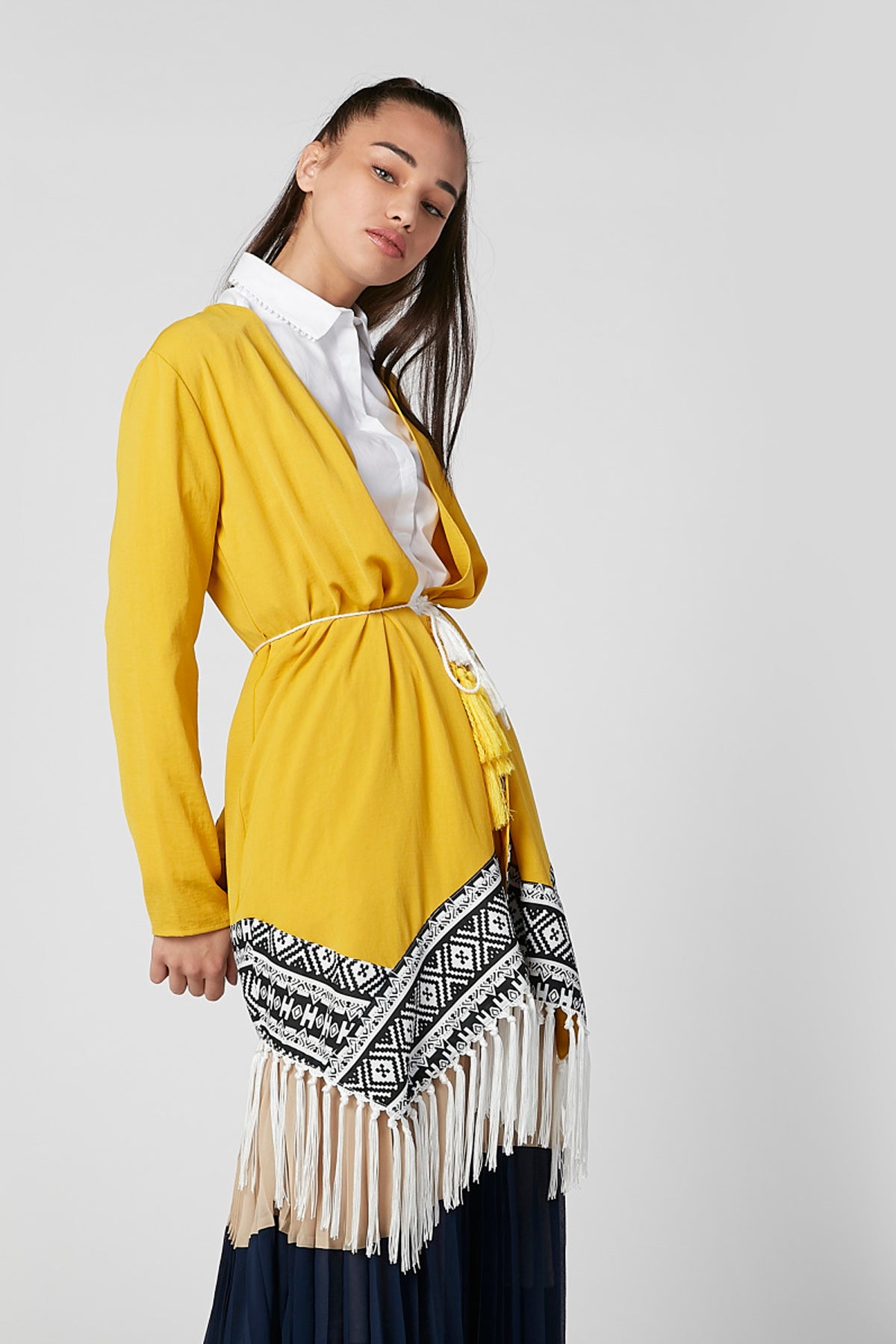 Textured Longline Cardigan with Tie Ups and Tassels