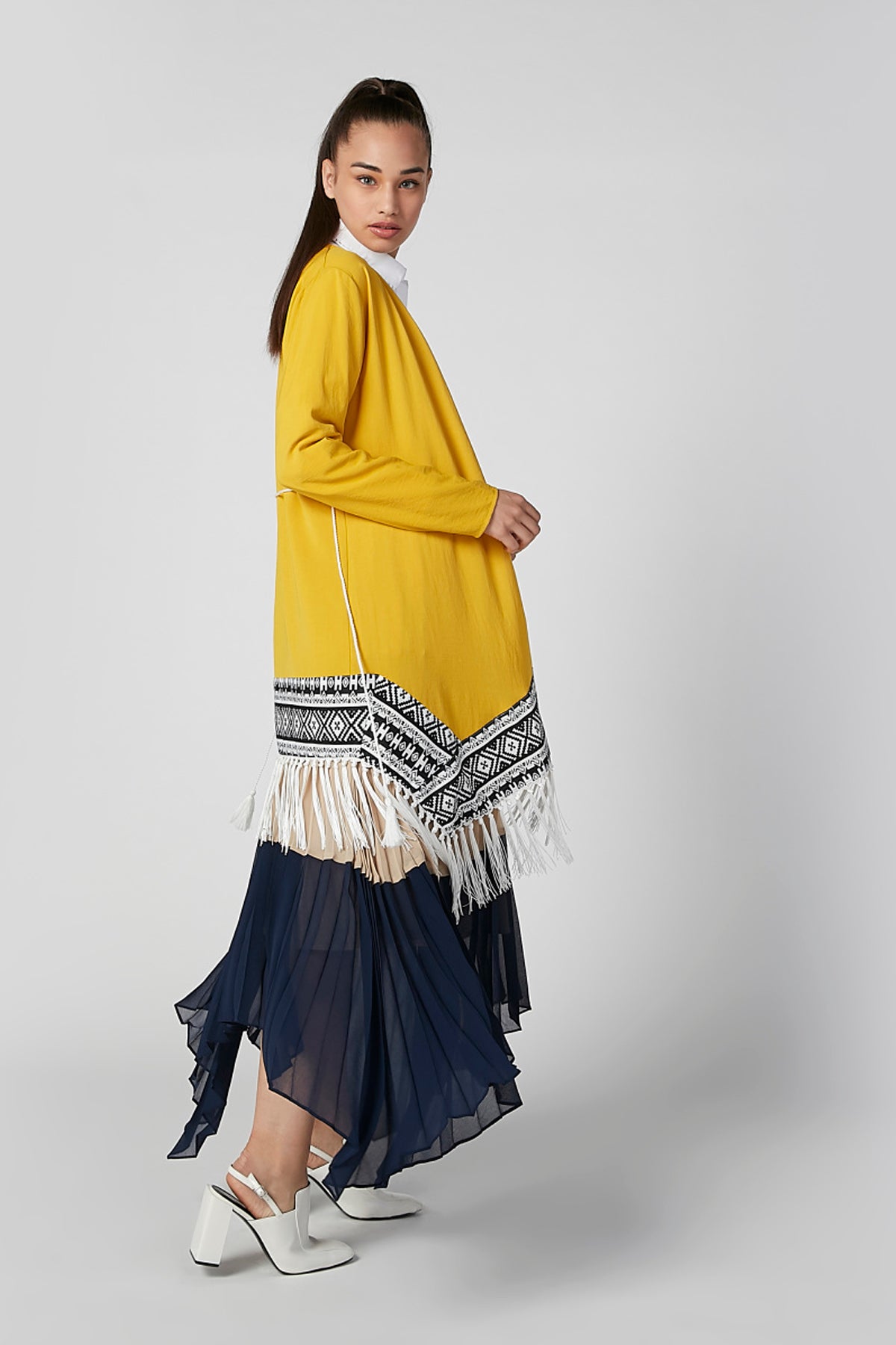 Textured Longline Cardigan with Tie Ups and Tassels