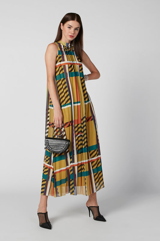 Sustainability Printed Maxi A-line Dress with High Neck