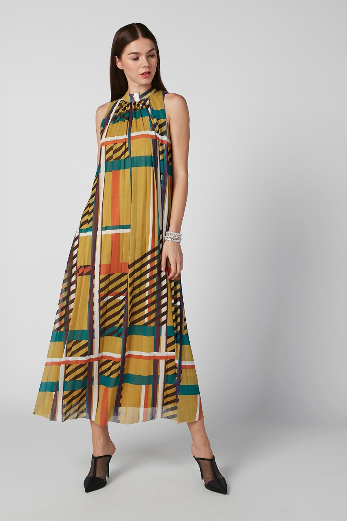 Sustainability Printed Maxi A-line Dress with High Neck
