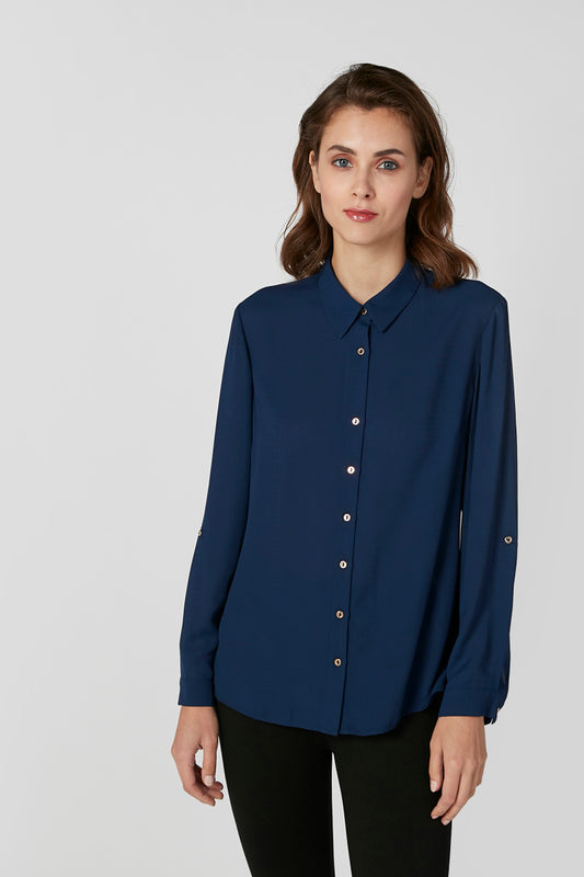 Plain Shirt with Long Sleeves and Spread Collar