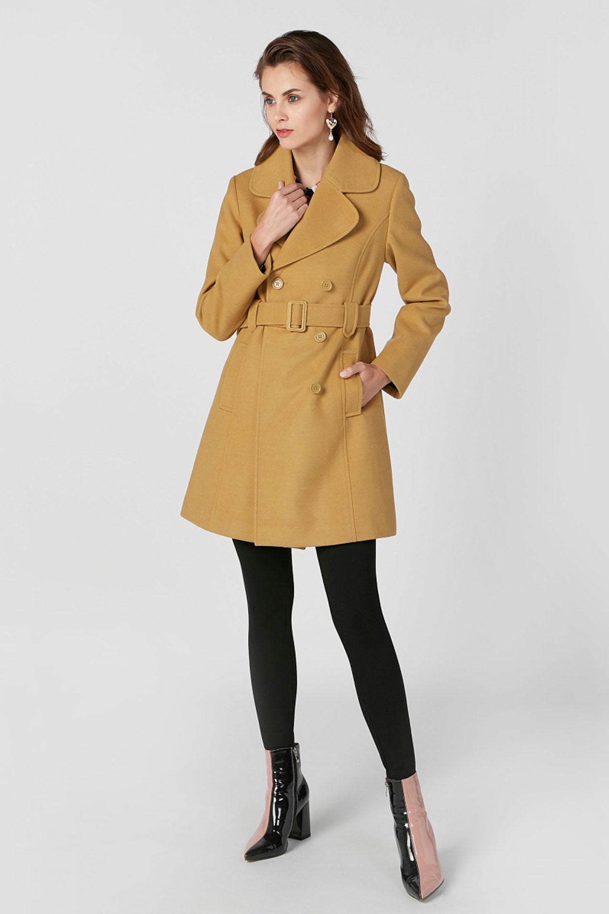 Textured Trench Coat with Long Sleeves and Pocket Detail