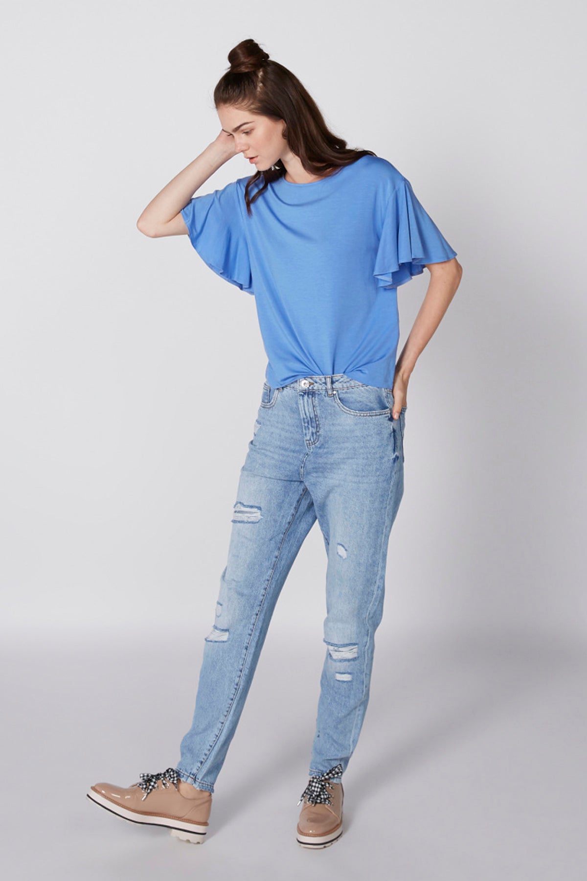 Round Neck Top with Flared Sleeves