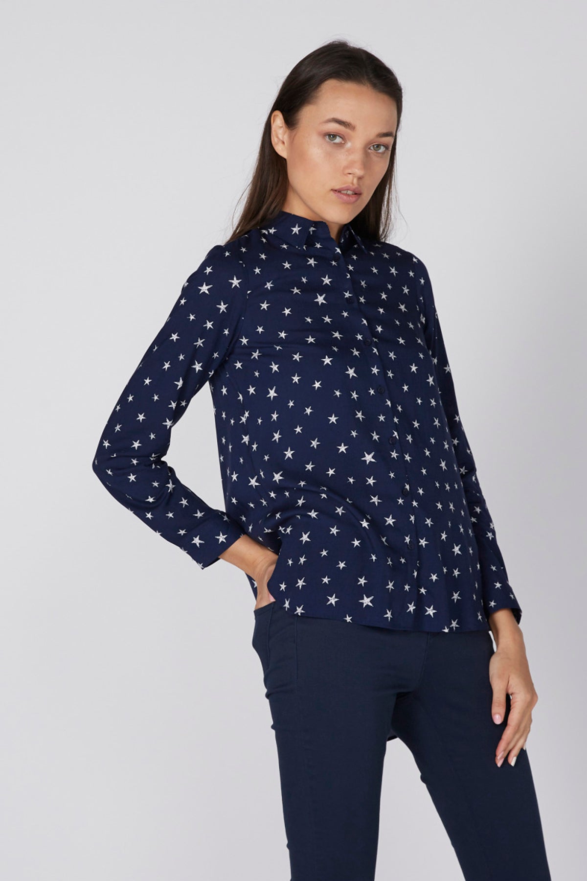 Printed Shirt with Long Sleeves and High Low Hem