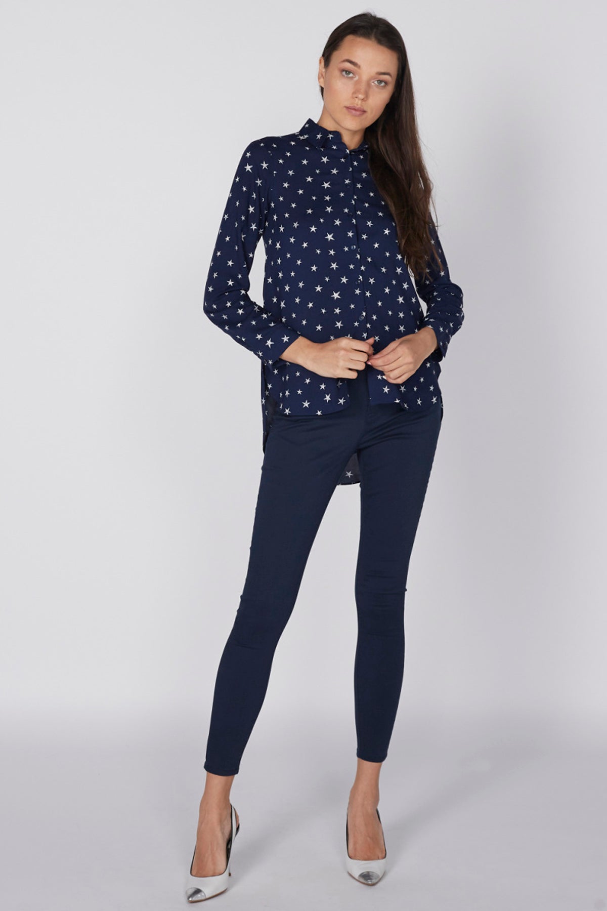Printed Shirt with Long Sleeves and High Low Hem