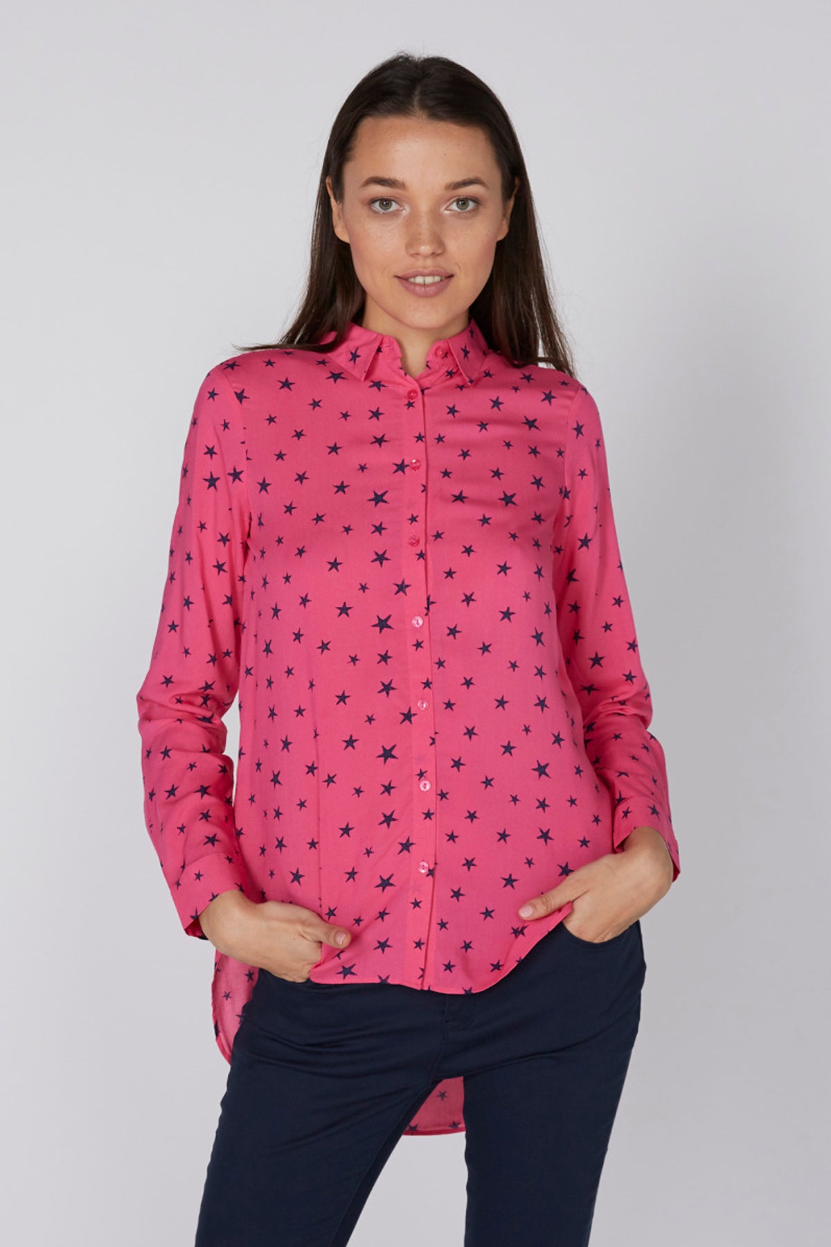 Printed Shirt with Long Sleeves and High Low Hem