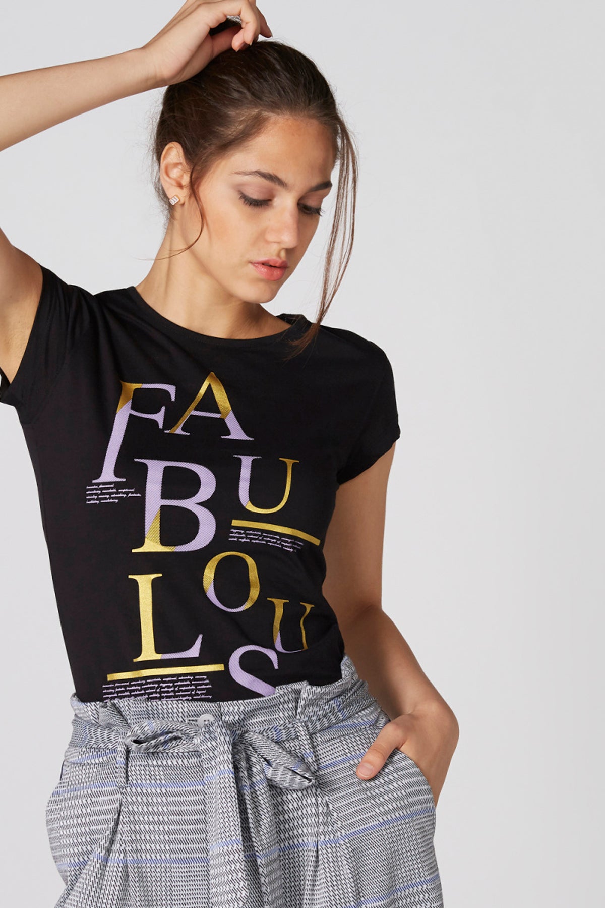 Printed T-Shirt with Round Neck and Cap Sleeves