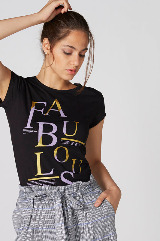 Printed T-Shirt with Round Neck and Cap Sleeves