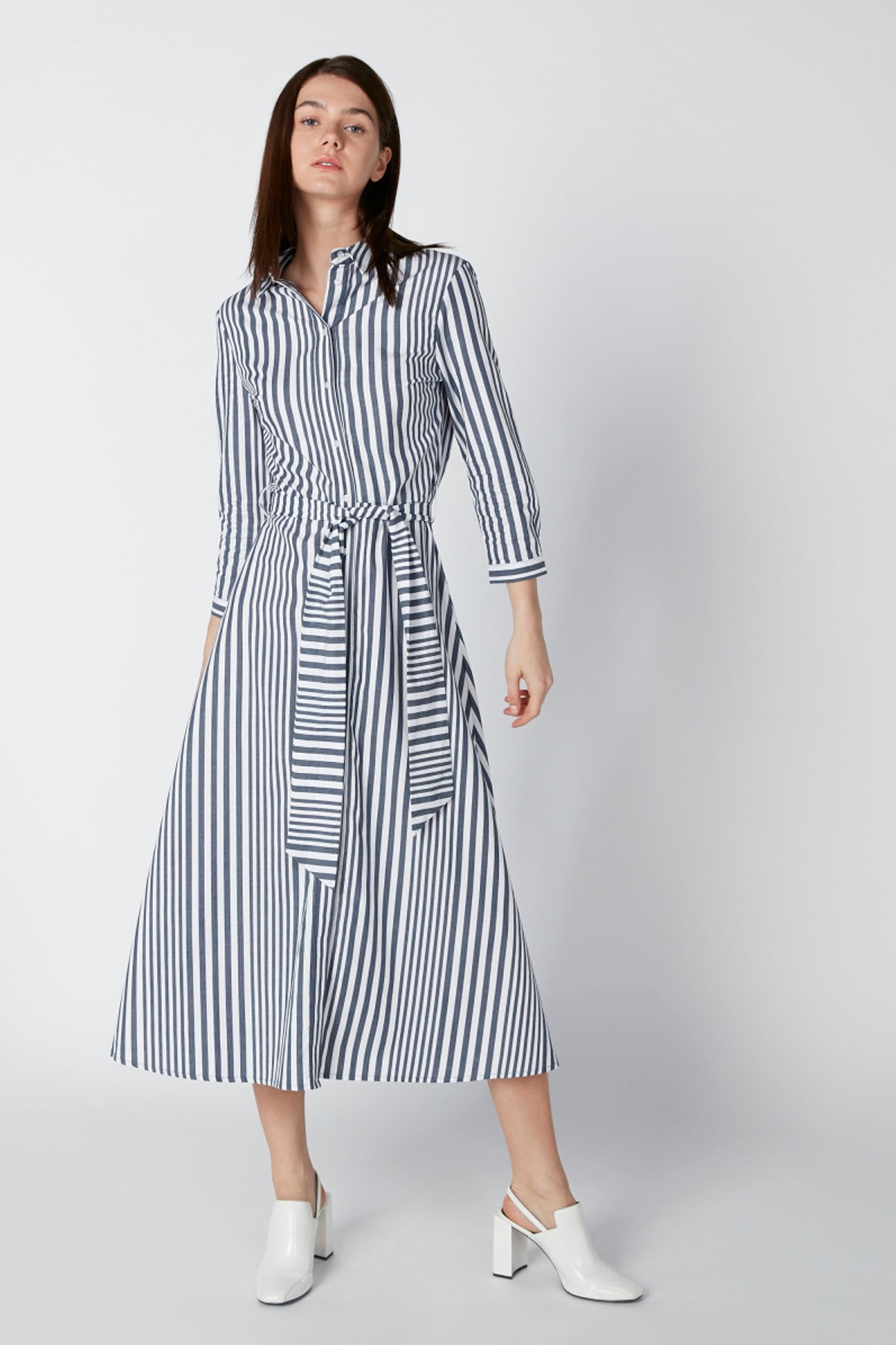 Striped Shirt Dress with Spread Collar