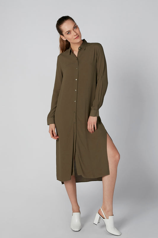 Solid Midi Shirt Dress with Long Sleeves and Slit
