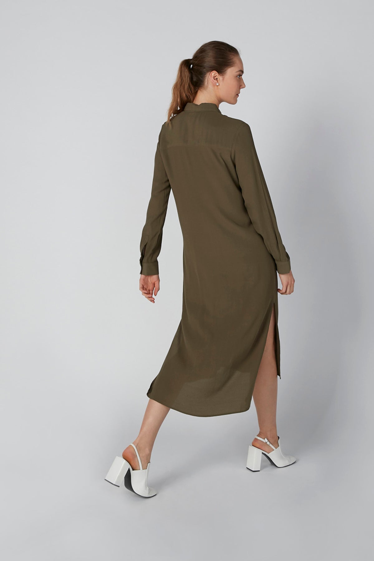 Solid Midi Shirt Dress with Long Sleeves and Slit