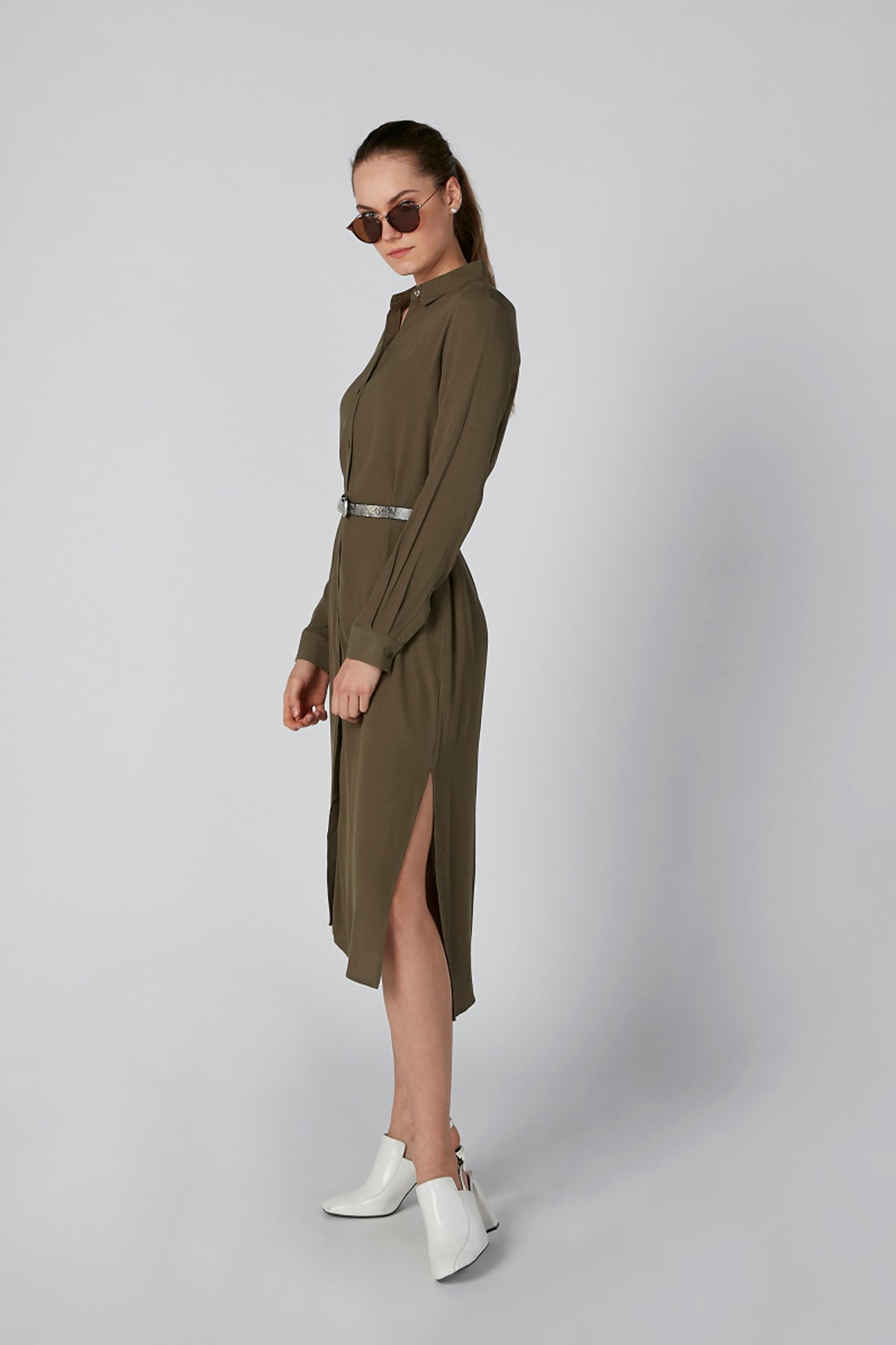 Solid Midi Shirt Dress with Long Sleeves and Slit