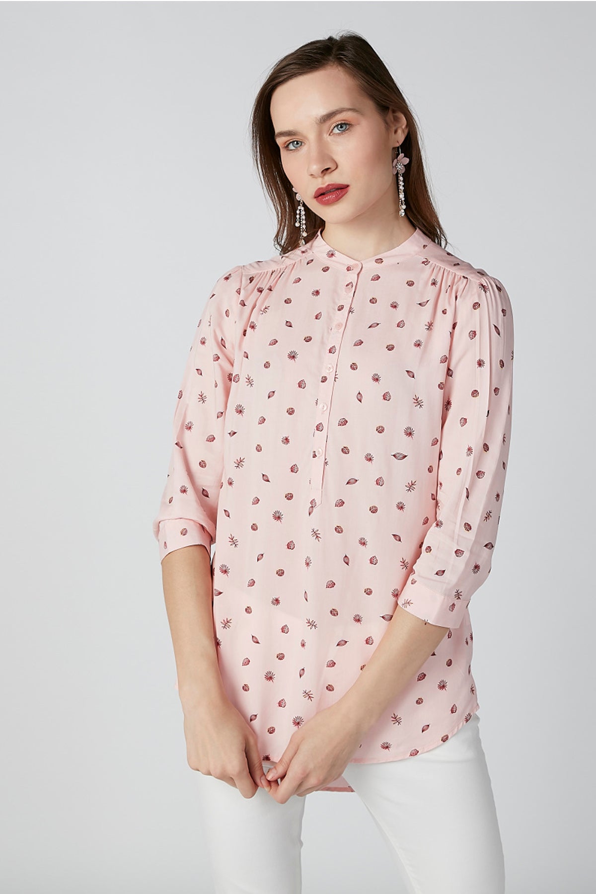 Printed Top with Mandarin Collar and 3/4 Sleeves