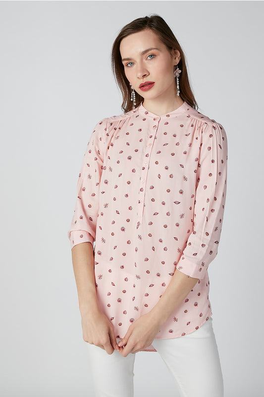 Printed Top with Mandarin Collar and 3/4 Sleeves