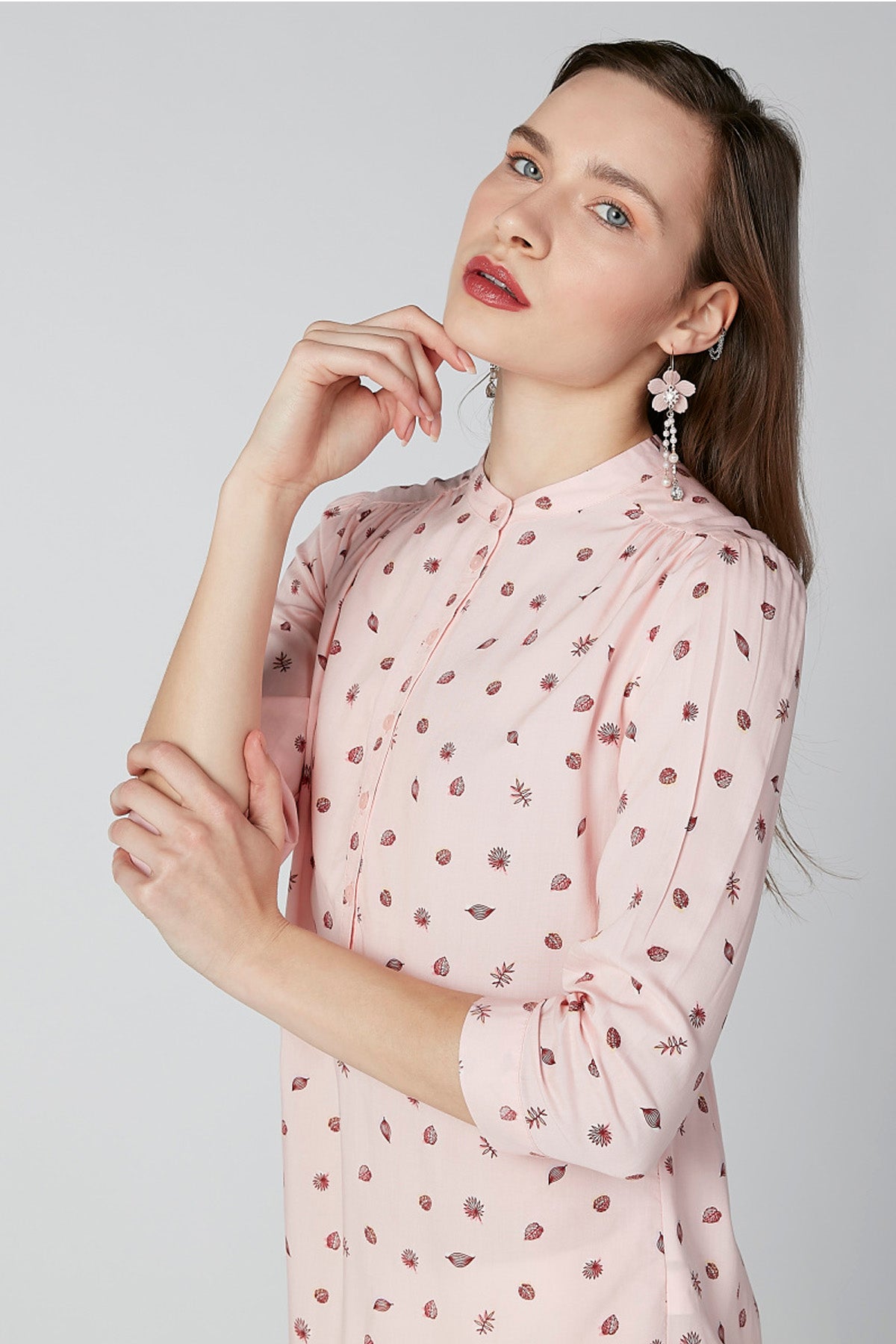 Printed Top with Mandarin Collar and 3/4 Sleeves