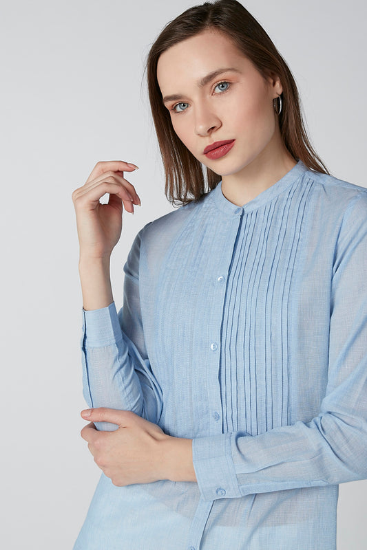Sustainability Textured Shirt with Mandarin Collar and Pleated Detail