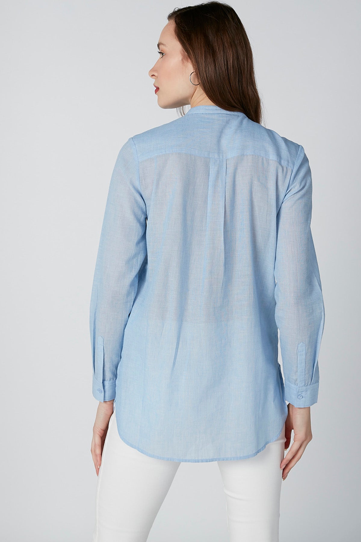 Sustainability Textured Shirt with Mandarin Collar and Pleated Detail