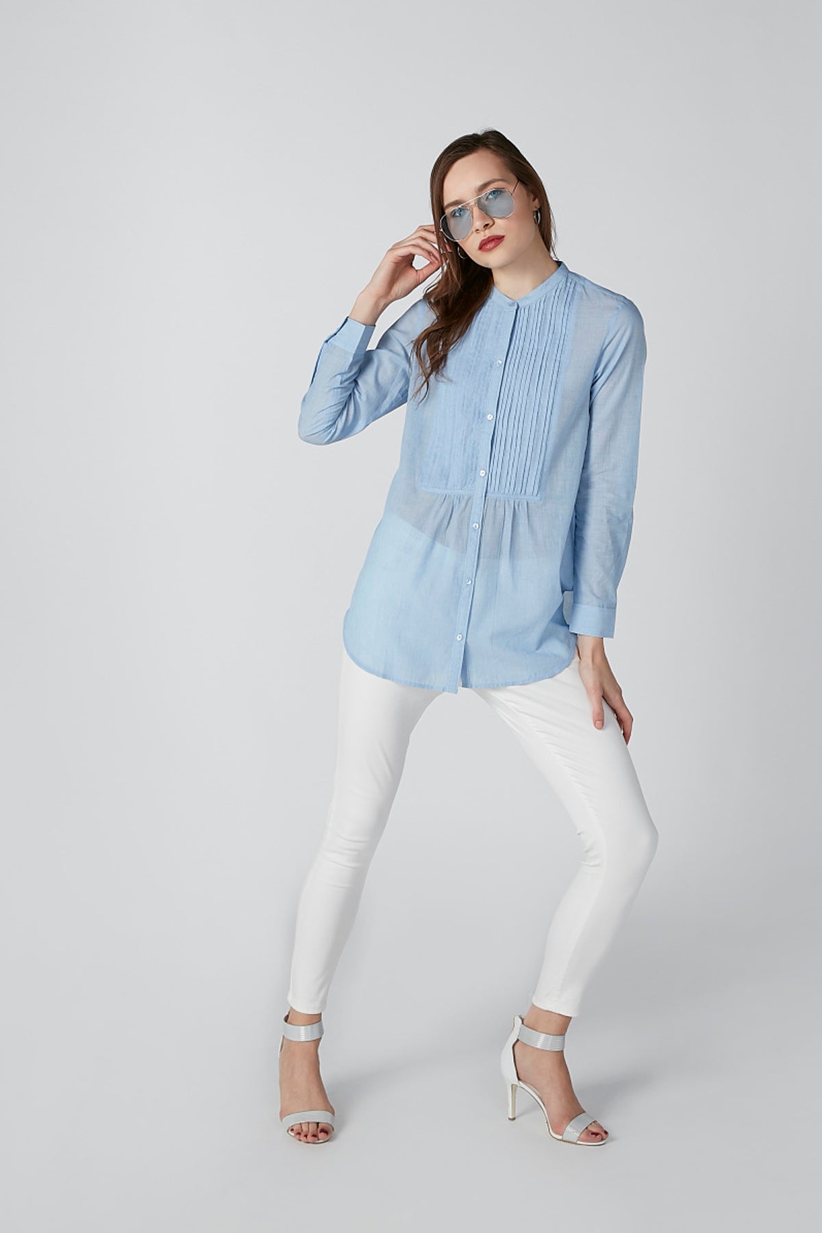 Sustainability Textured Shirt with Mandarin Collar and Pleated Detail