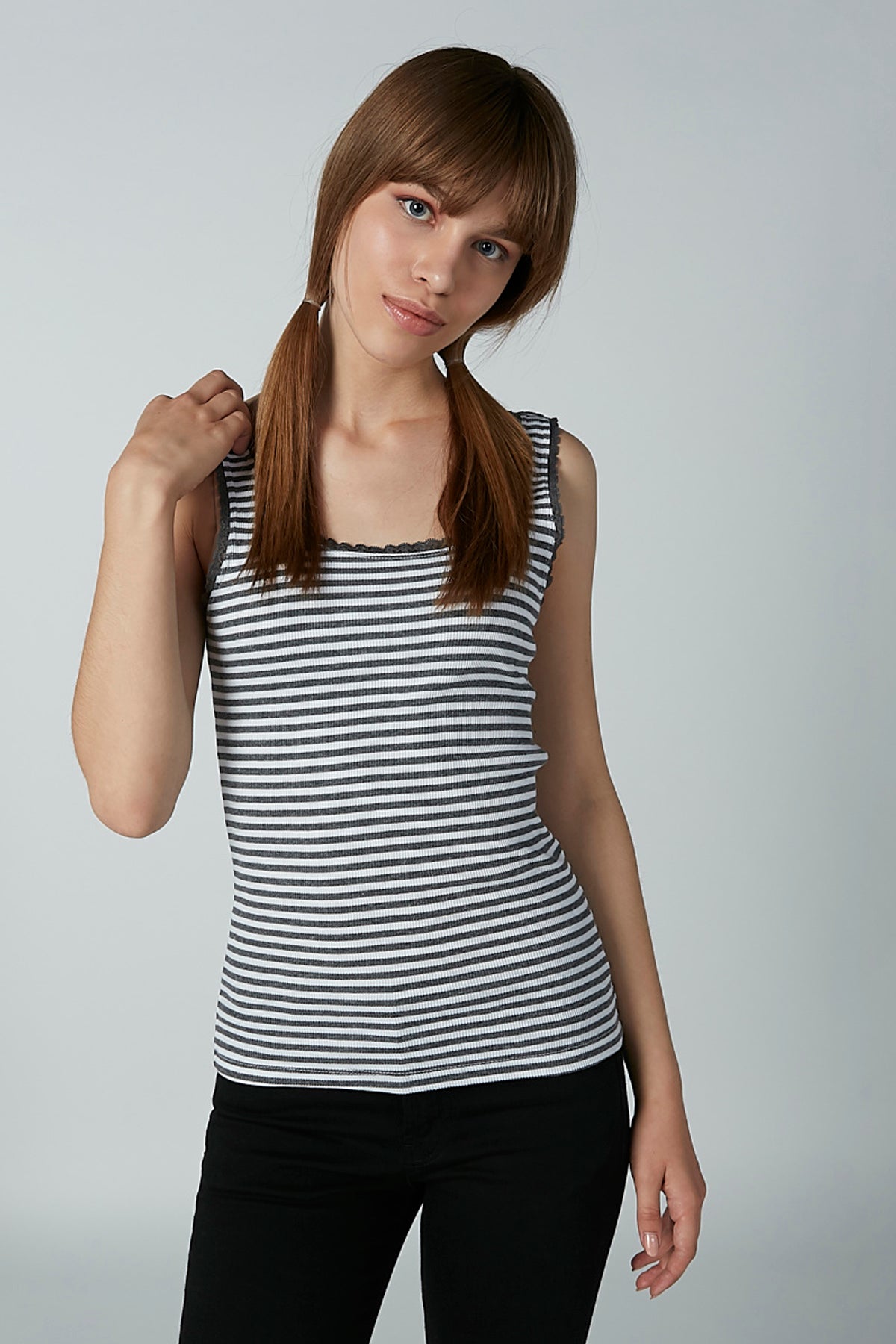 Striped Sleeveless Vest with Scoop Neck and Lace Detail