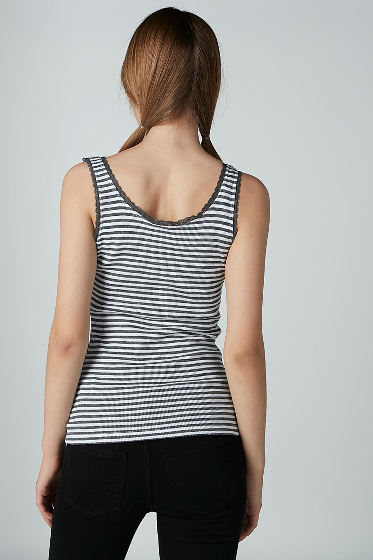 Striped Sleeveless Vest with Scoop Neck and Lace Detail