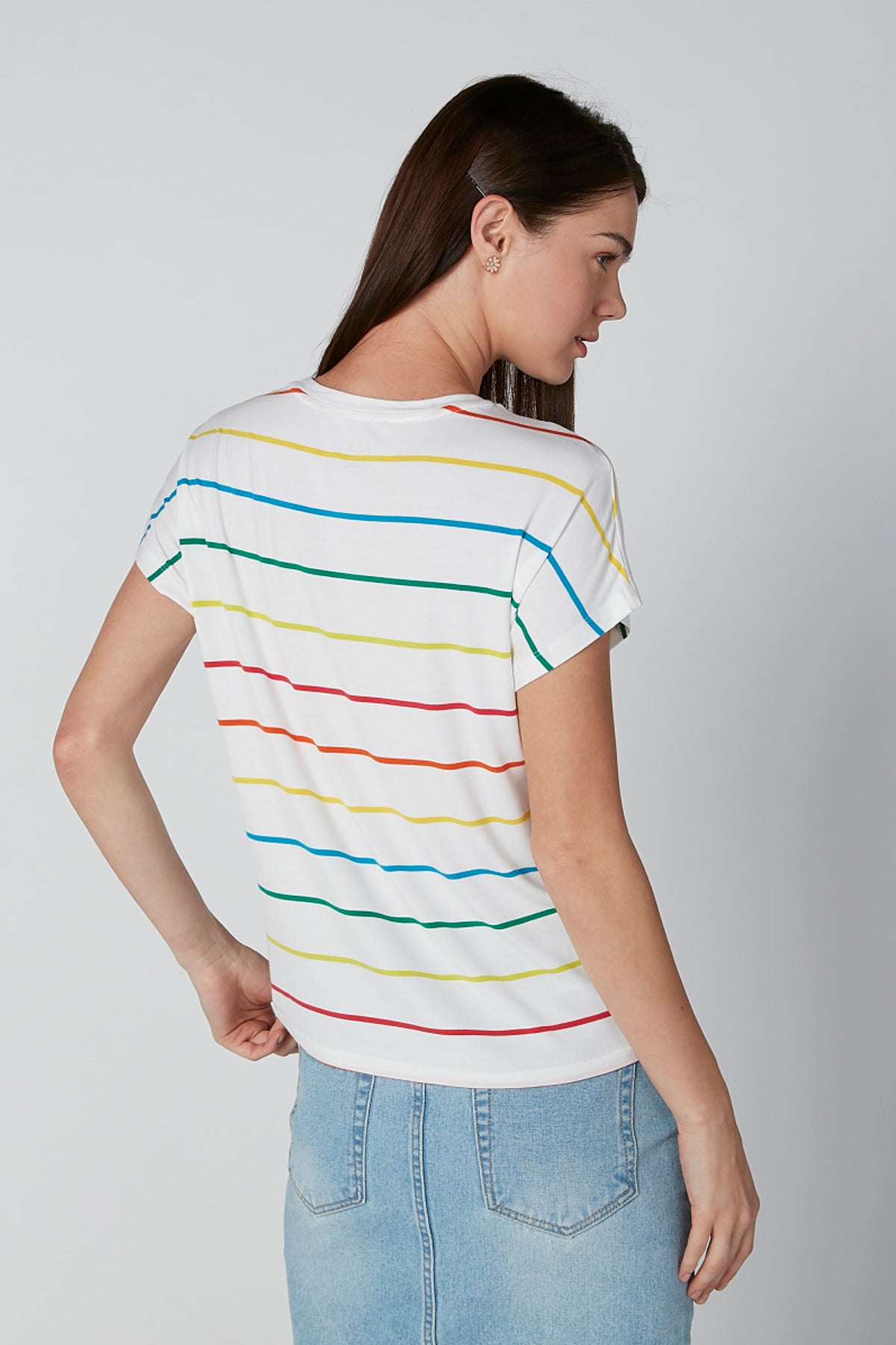 Striped Round Neck T-shirt with Extended Cap Sleeves