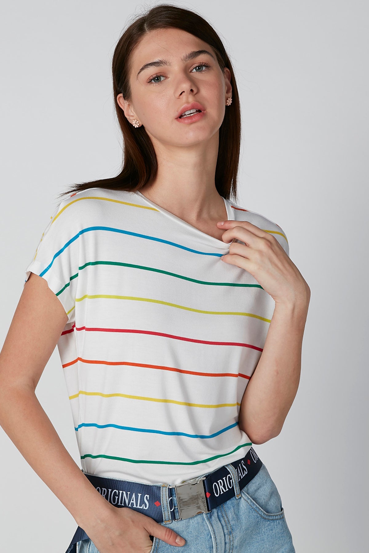 Striped Round Neck T-shirt with Extended Cap Sleeves