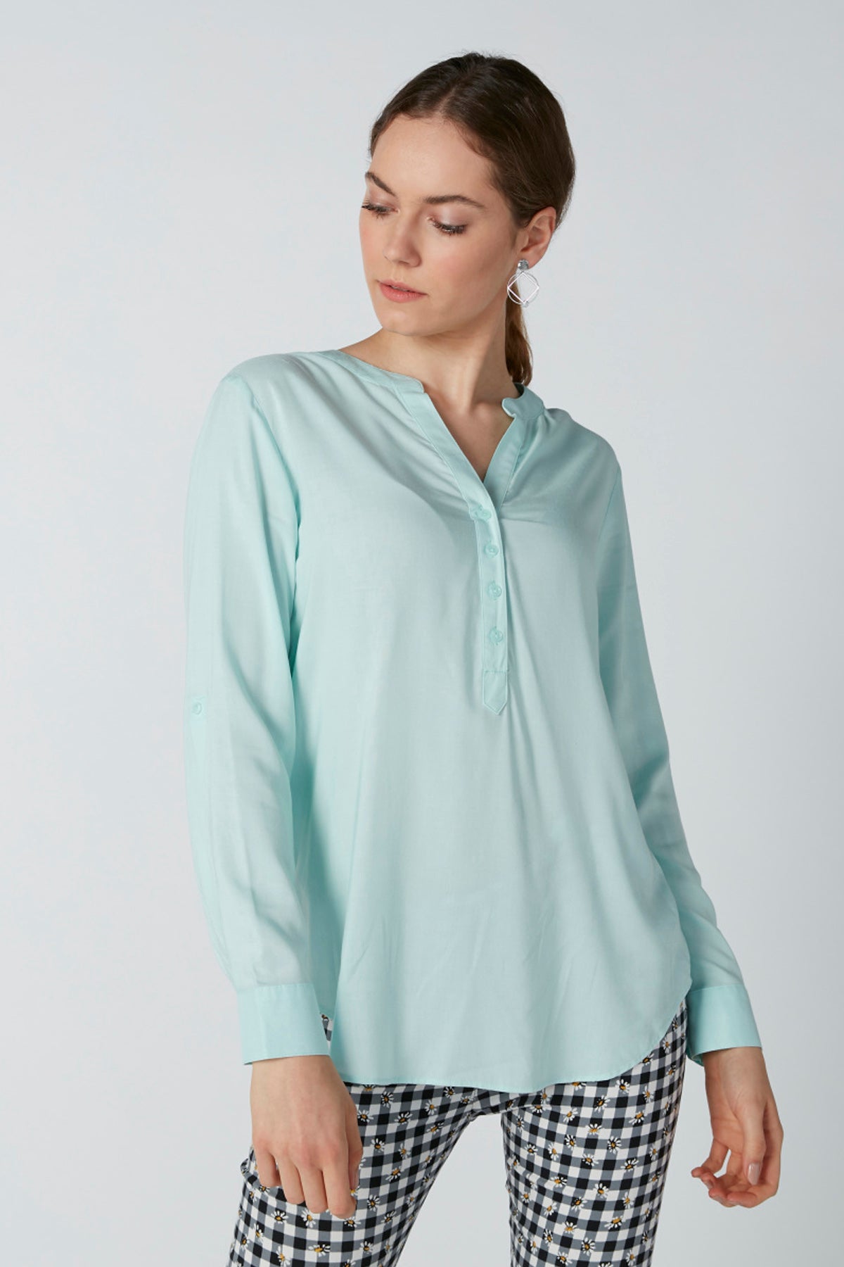 Longline Shirt with Mandarin Collar