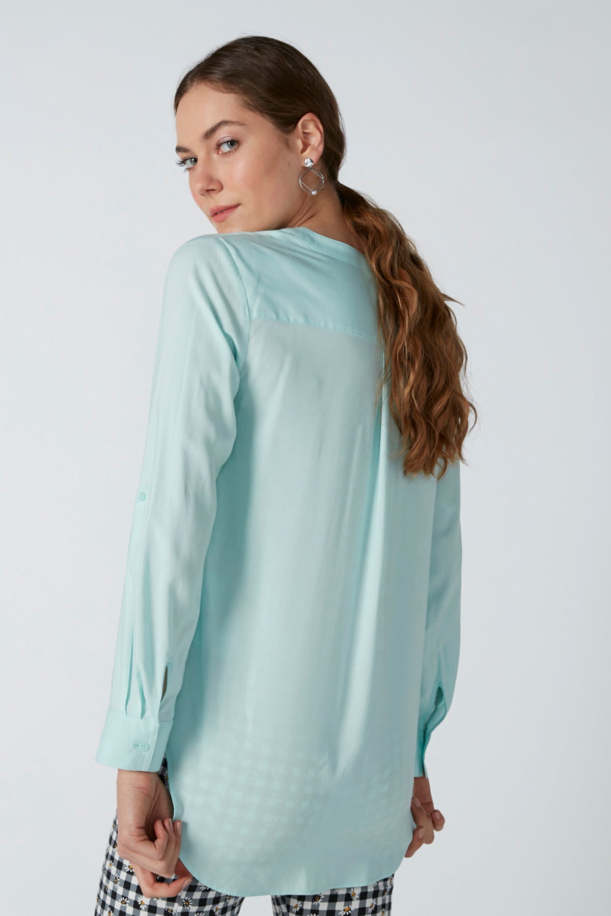 Longline Shirt with Mandarin Collar