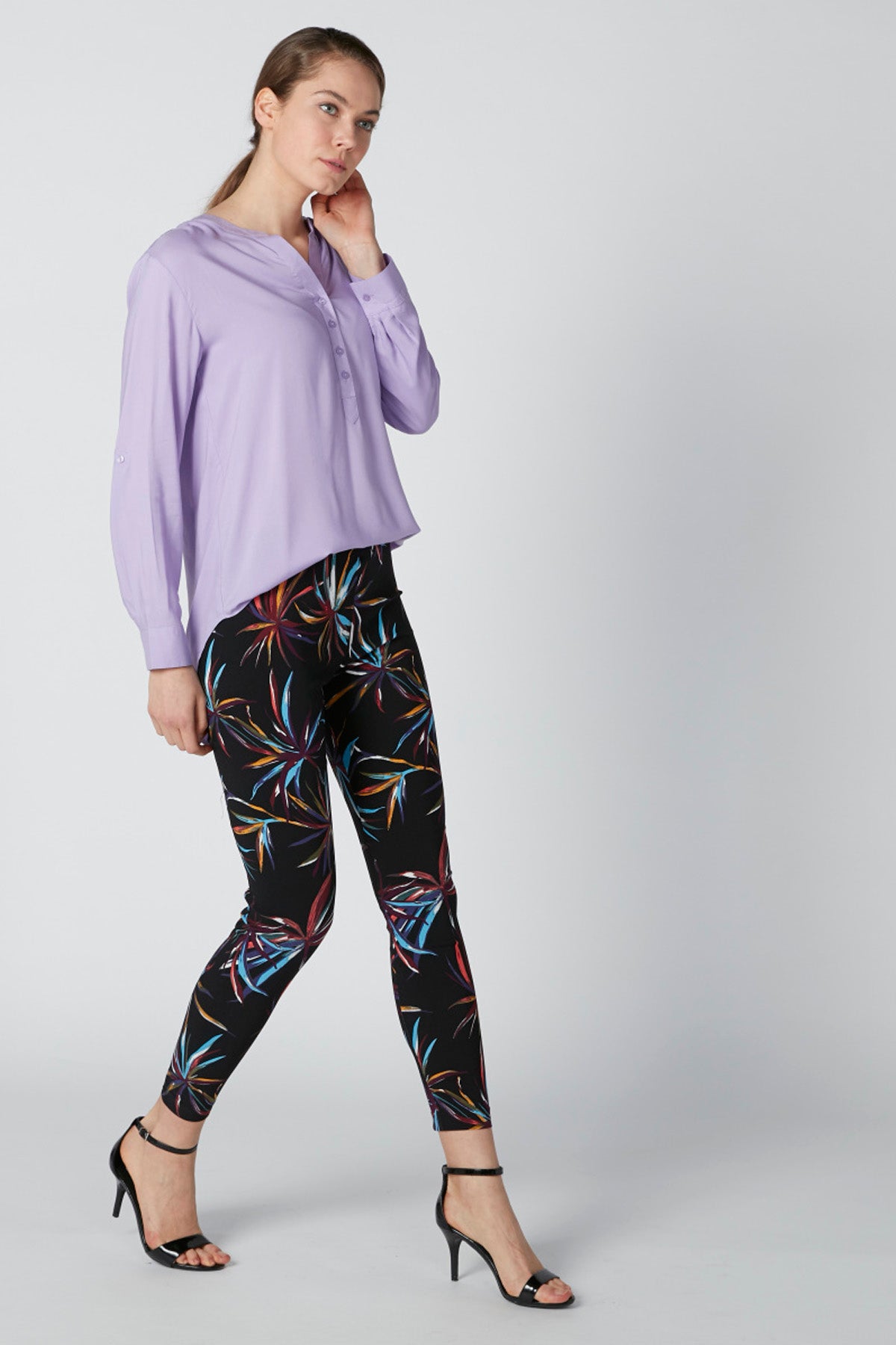 Long Sleeves Top with Mandarin Neck and Asymmetric Hem
