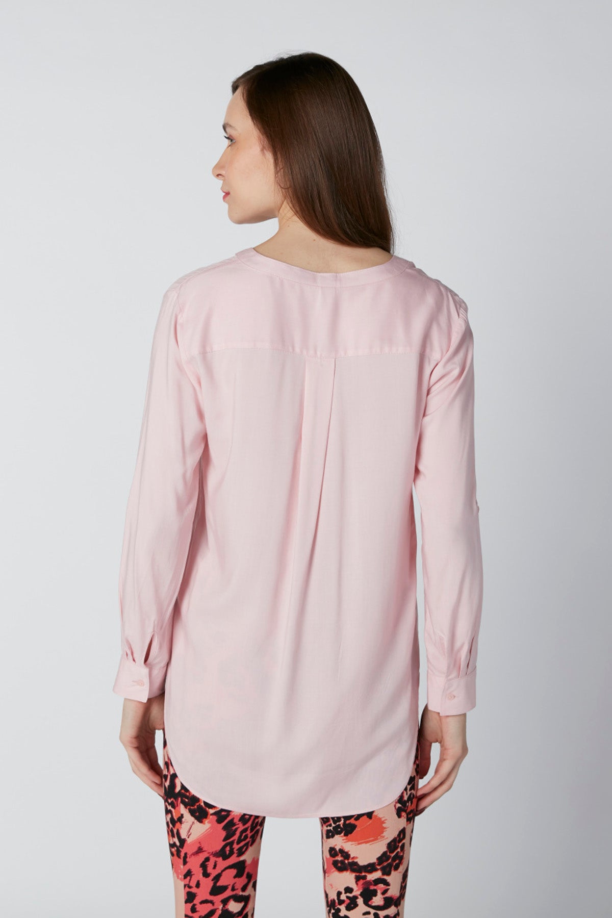 Longline Shirt with Mandarin Collar and Long Sleeves